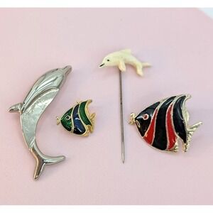 VTG Dolphin Angel Fish Brooch Pin Lot 4pc Enamel Figural Aquatic‎ Nautical